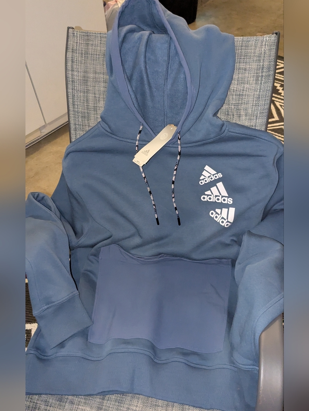Adidas Slate Blue Pullover Hoodie with Triple Logo & Zipper Pocket Pouch BNWT